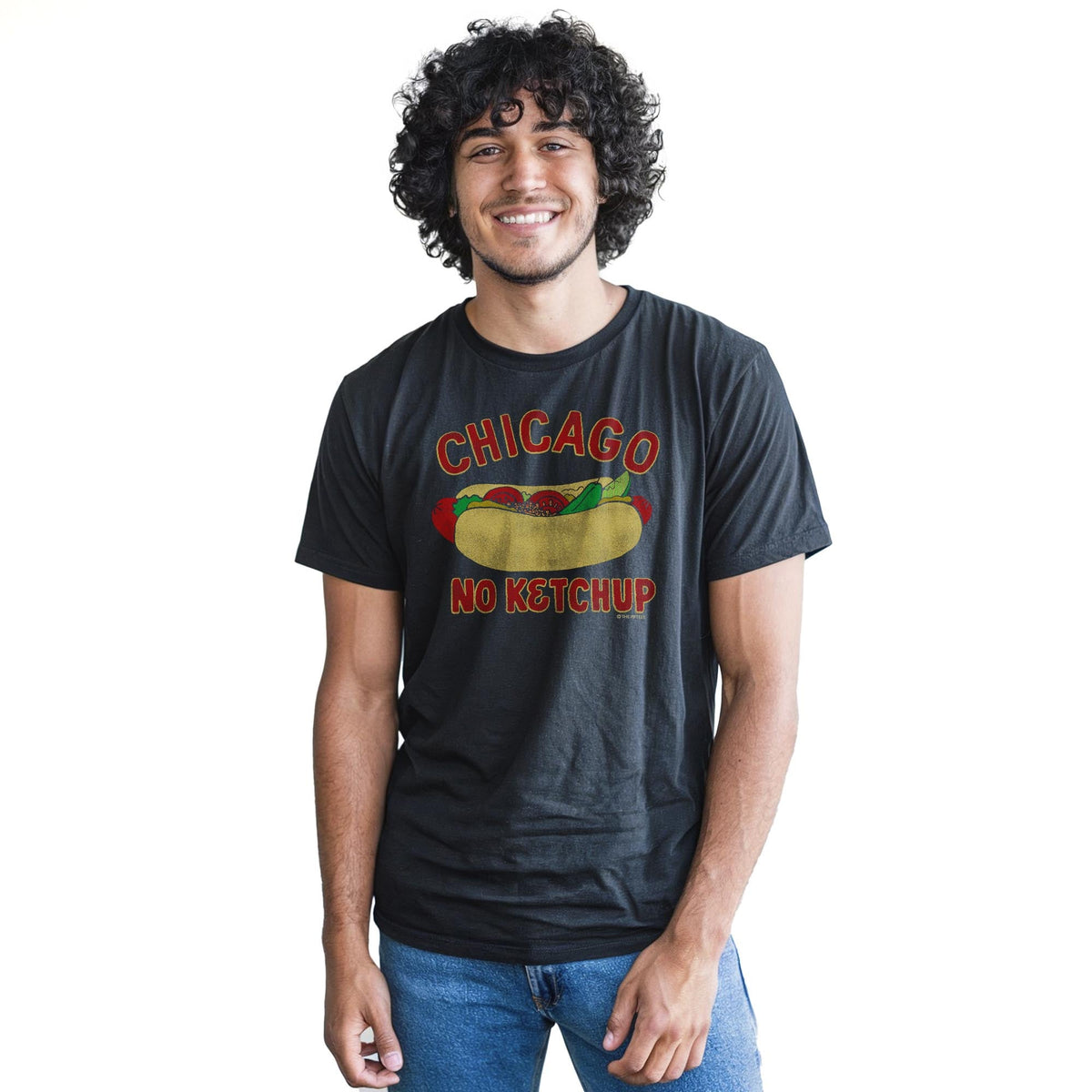 Chicago No Ketchup Funny Staple T-shirt in Black On Model - Front View