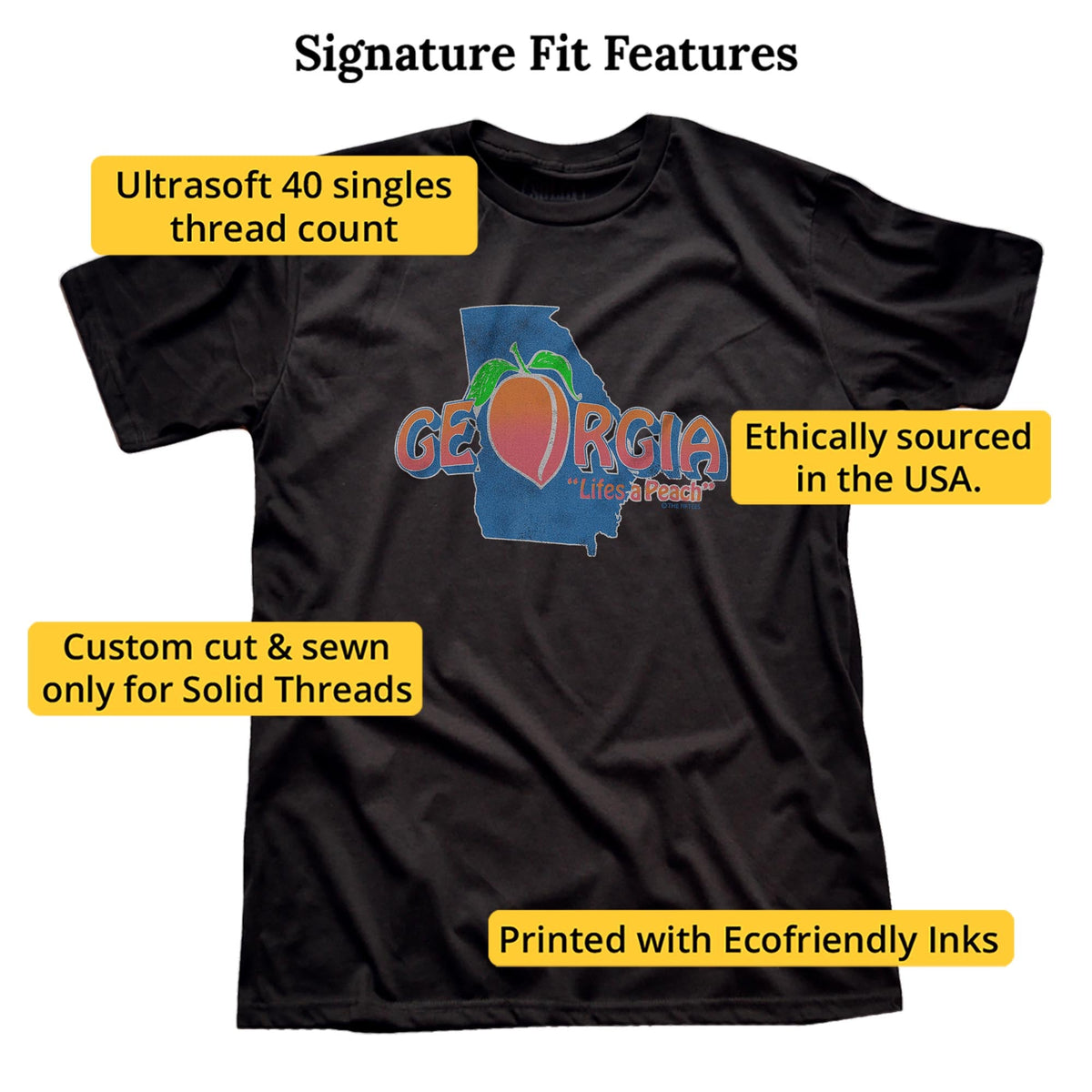 Life's A Peach Funny Signature T-shirt in Black - Fit Attributes