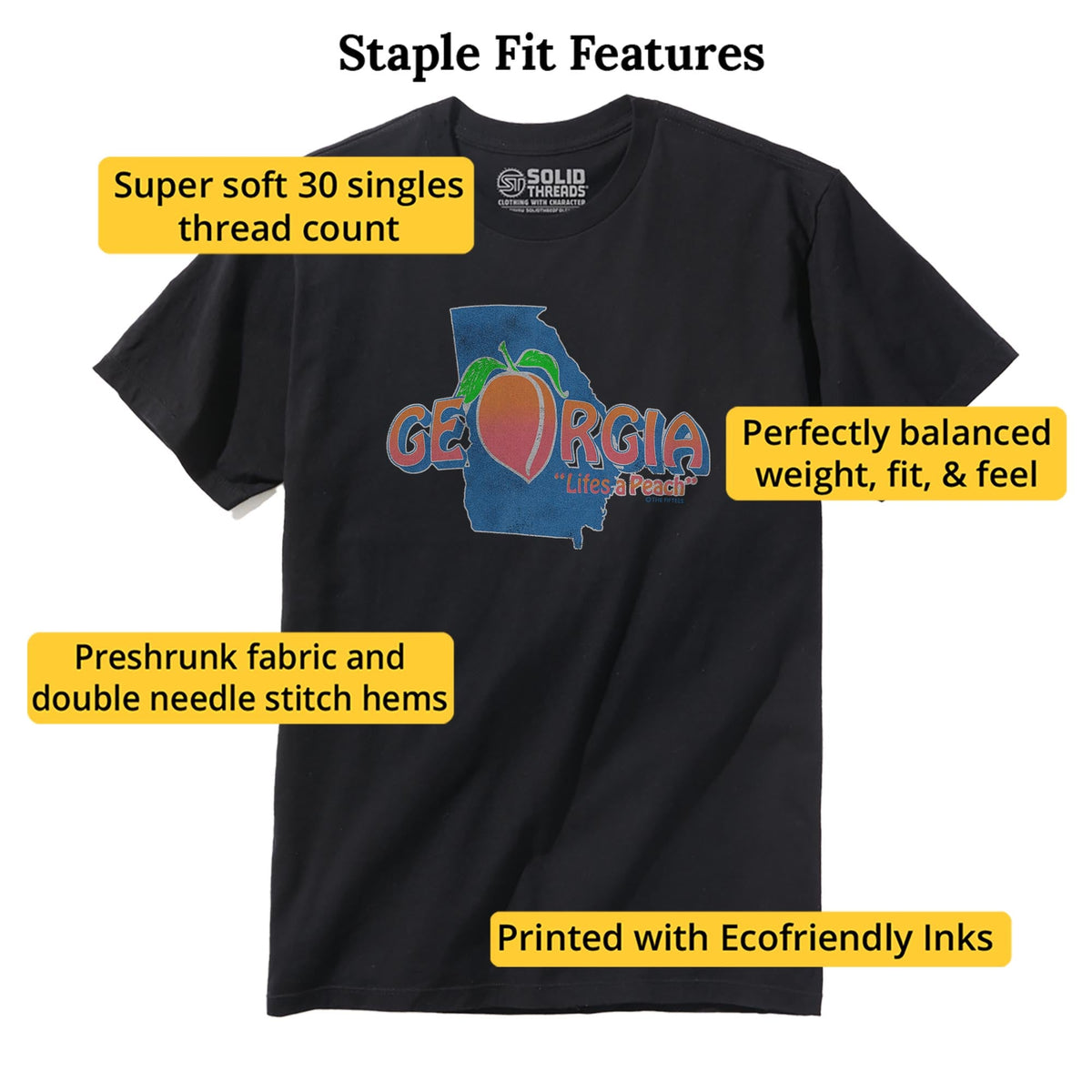 Life's A Peach Funny Staple T-shirt in Black - Fit Attributes