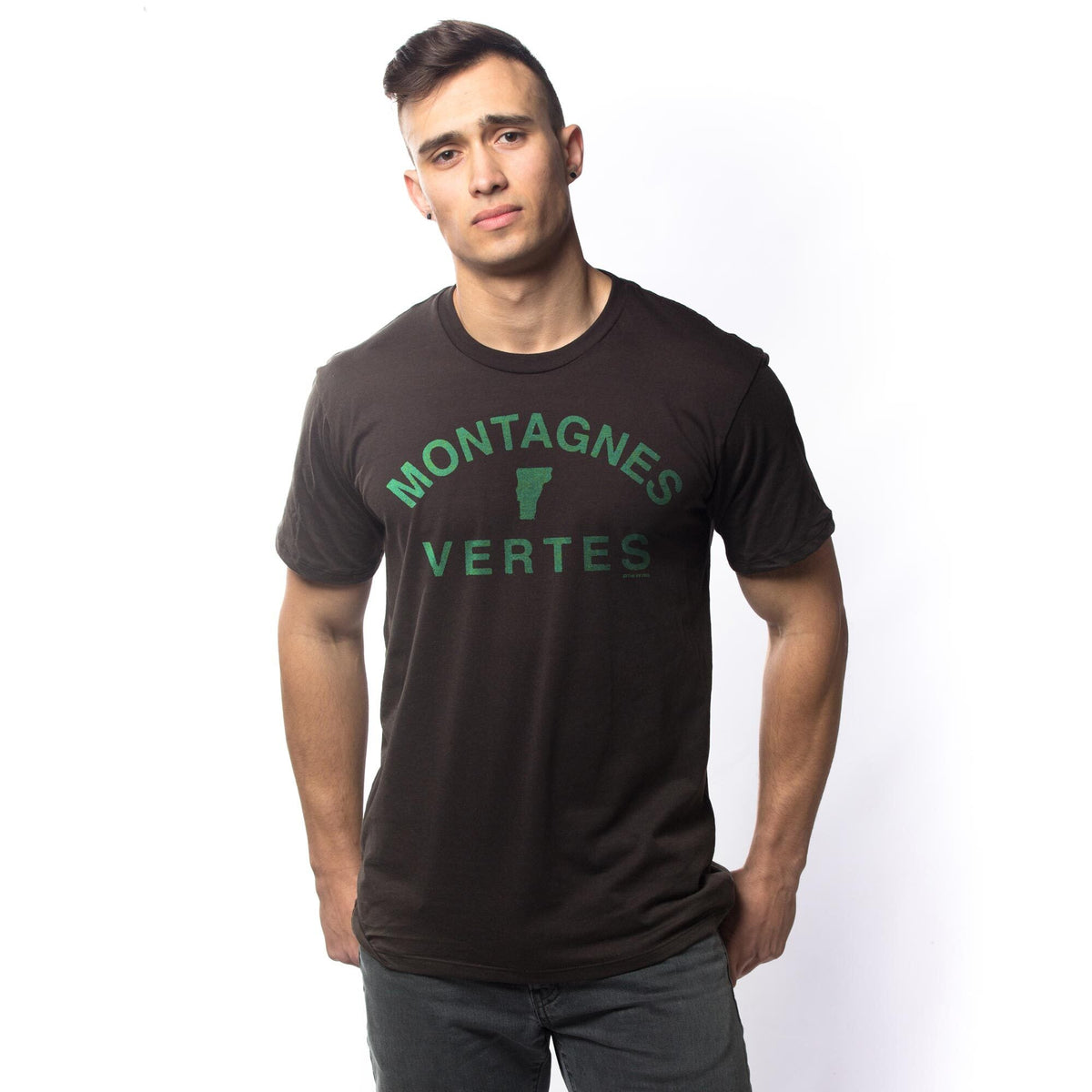 Men's Montagnes Vertes Cool Graphic T-Shirt | Vintage Vt Green Mountain Tee on Model | Solid Threads