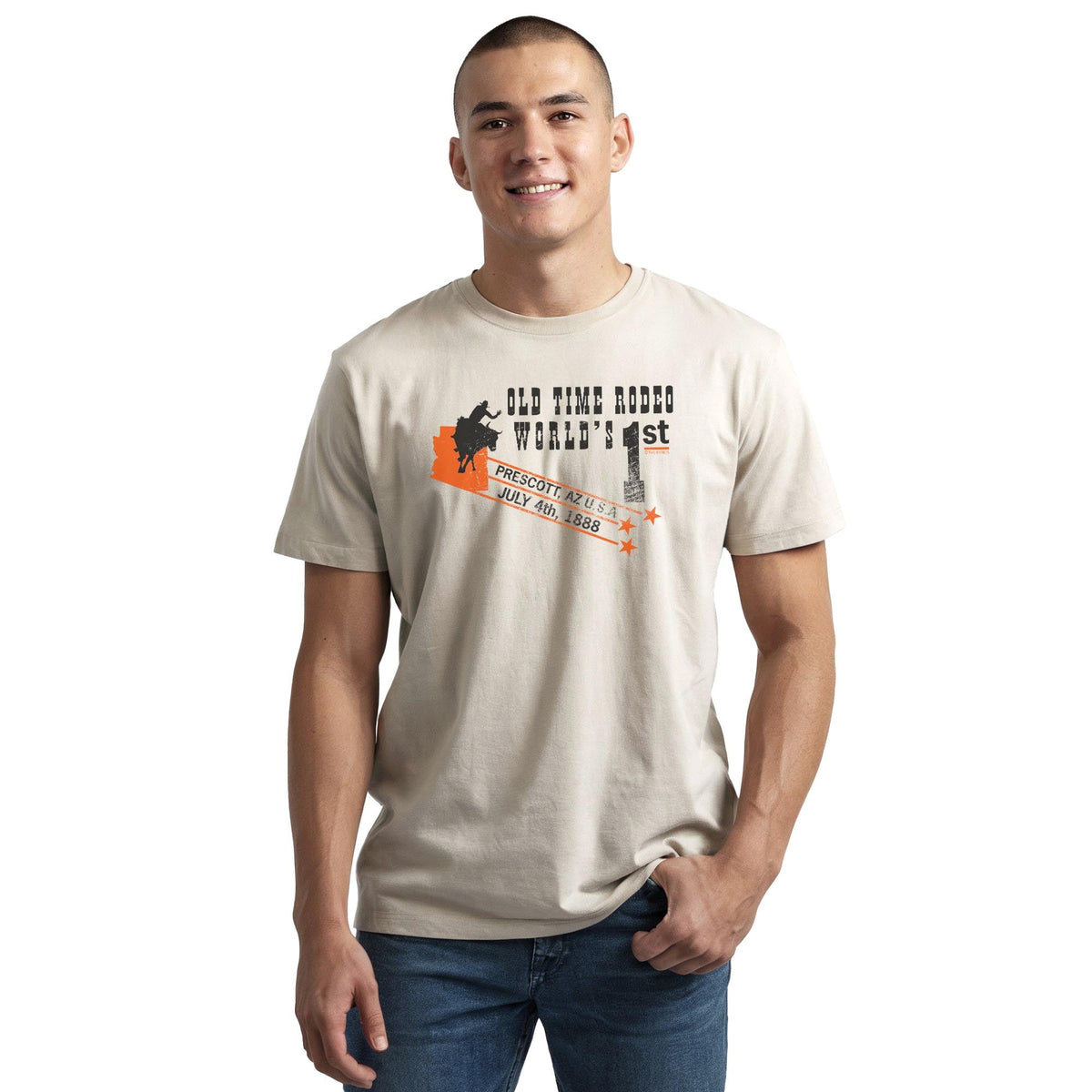 Old Time Rodeo Cool Staple T-shirt in Natural On Model - Front View