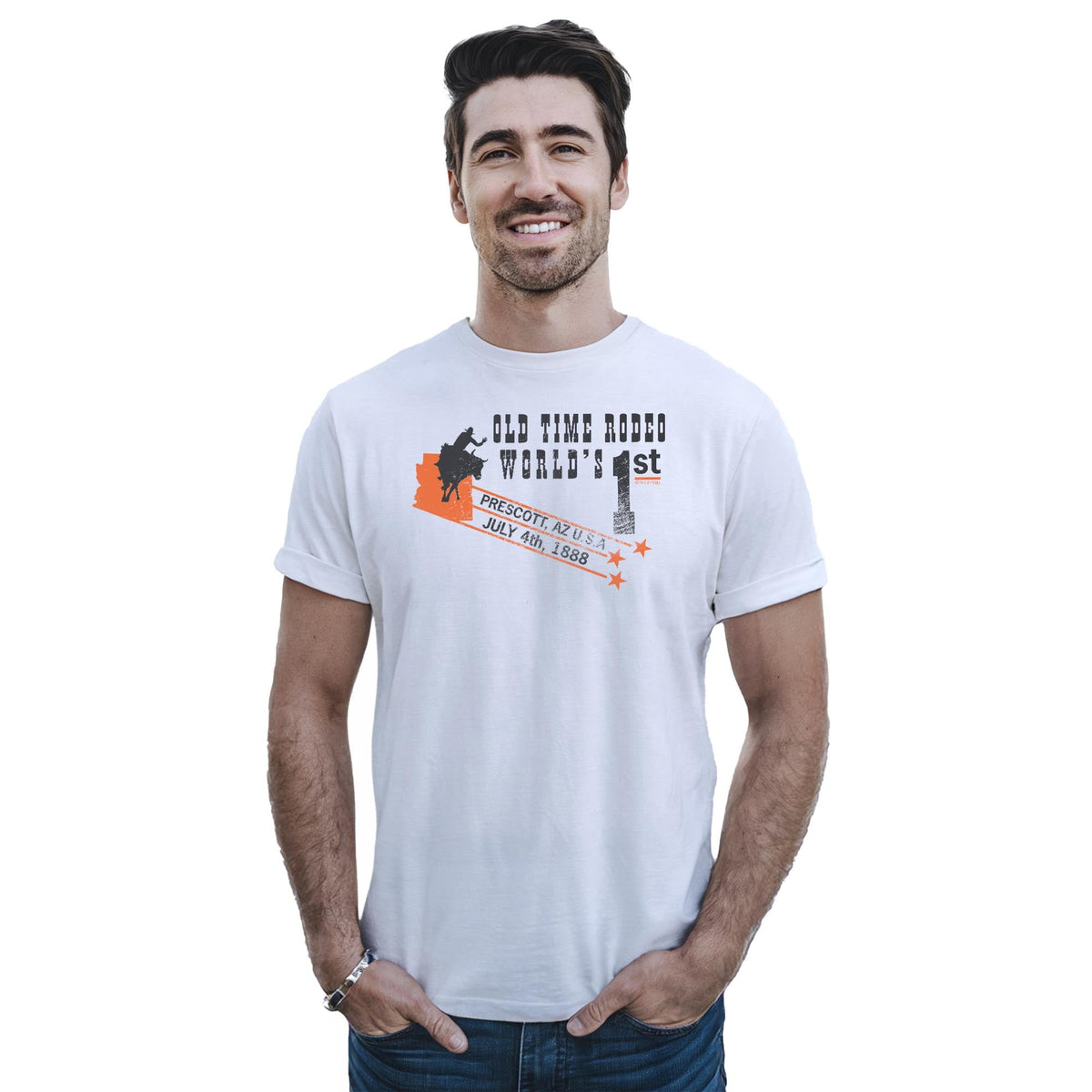 Old Time Rodeo Cool Staple T-shirt in White On Model - Front View