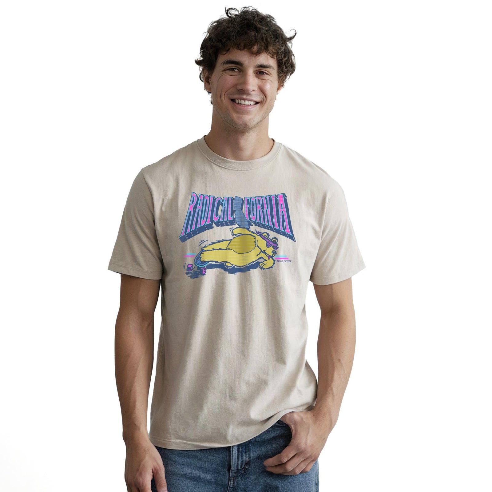 Radicalifornia Funny Staple T-shirt in Natural On Model - Front View