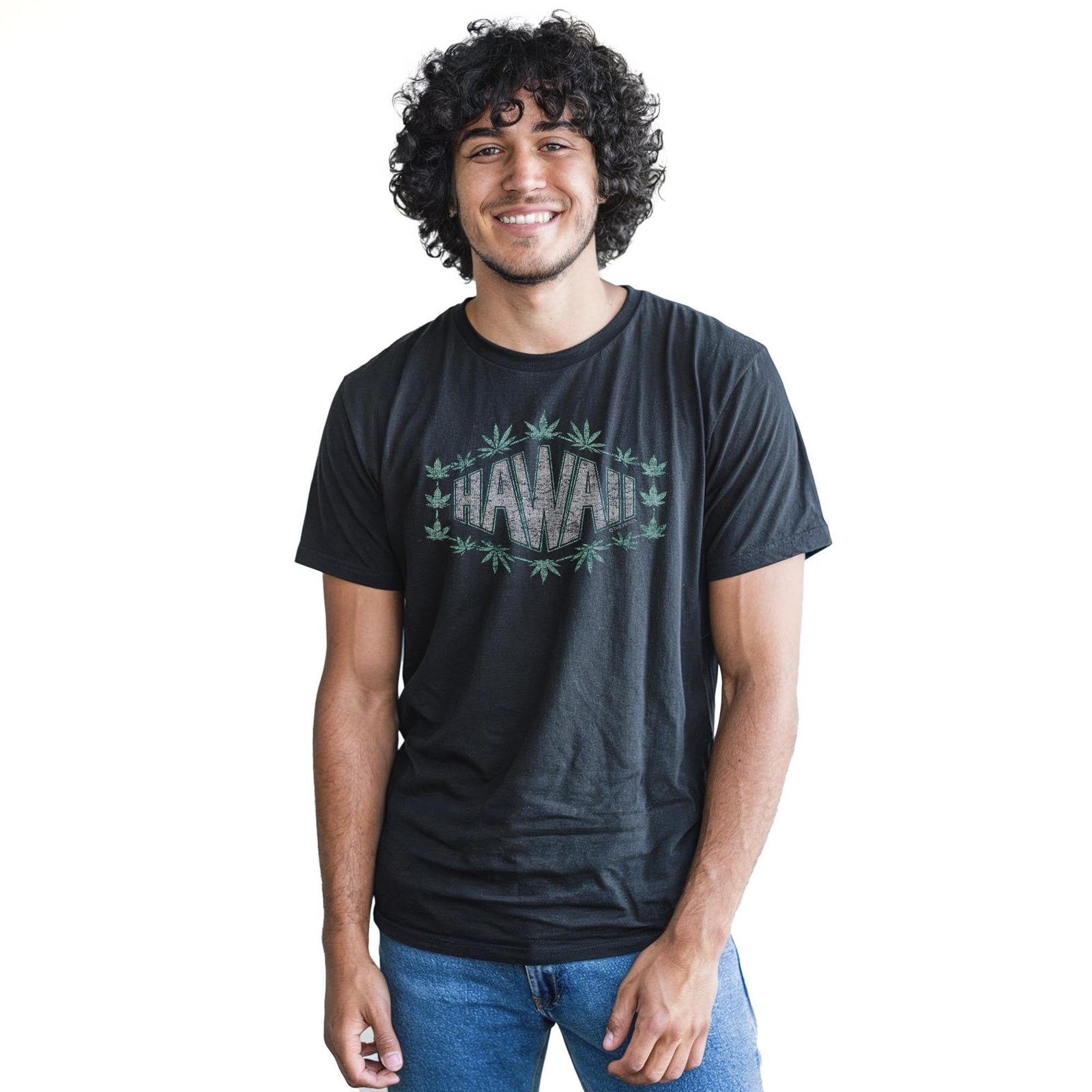 Hawaii Cannabis Cool Staple T-shirt in Black On Model - Front View