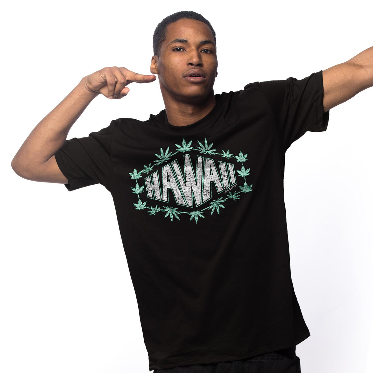 Men's Hawaii Cannabis Cool Graphic T-Shirt | Vintage Hi Weed Tee on Model | Solid Threads