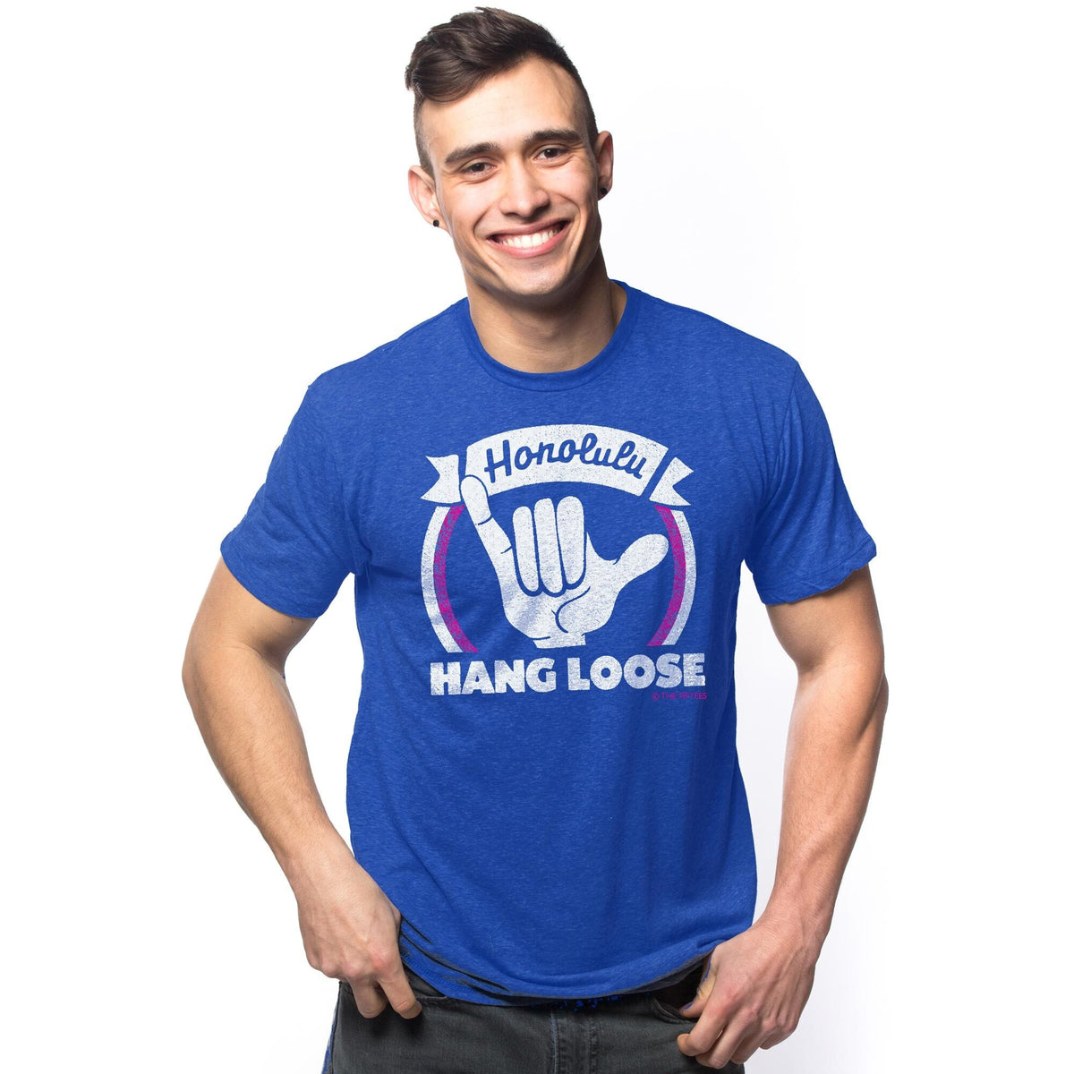 Men's Hang Loose Cool Graphic T-Shirt | Vintage Hi Shaka Sign Tee on Model | Solid Threads