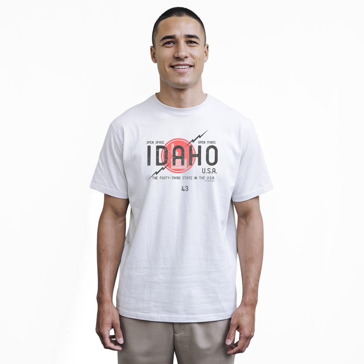 Idaho Open Space Cool Staple T-shirt in White On Model - Front View