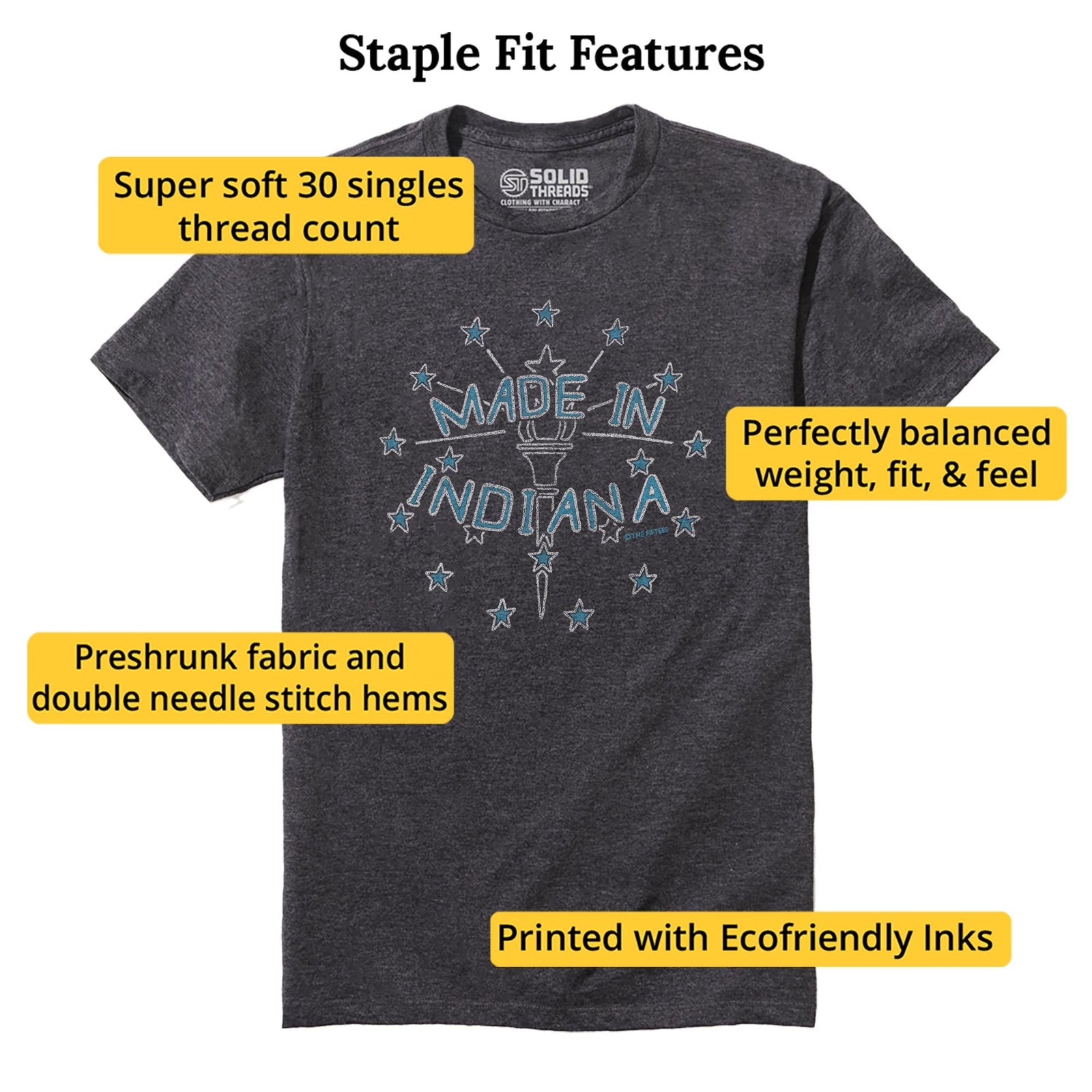 Made In Indiana Funny Staple T-shirt in Charcoal Heather - Fit Attributes