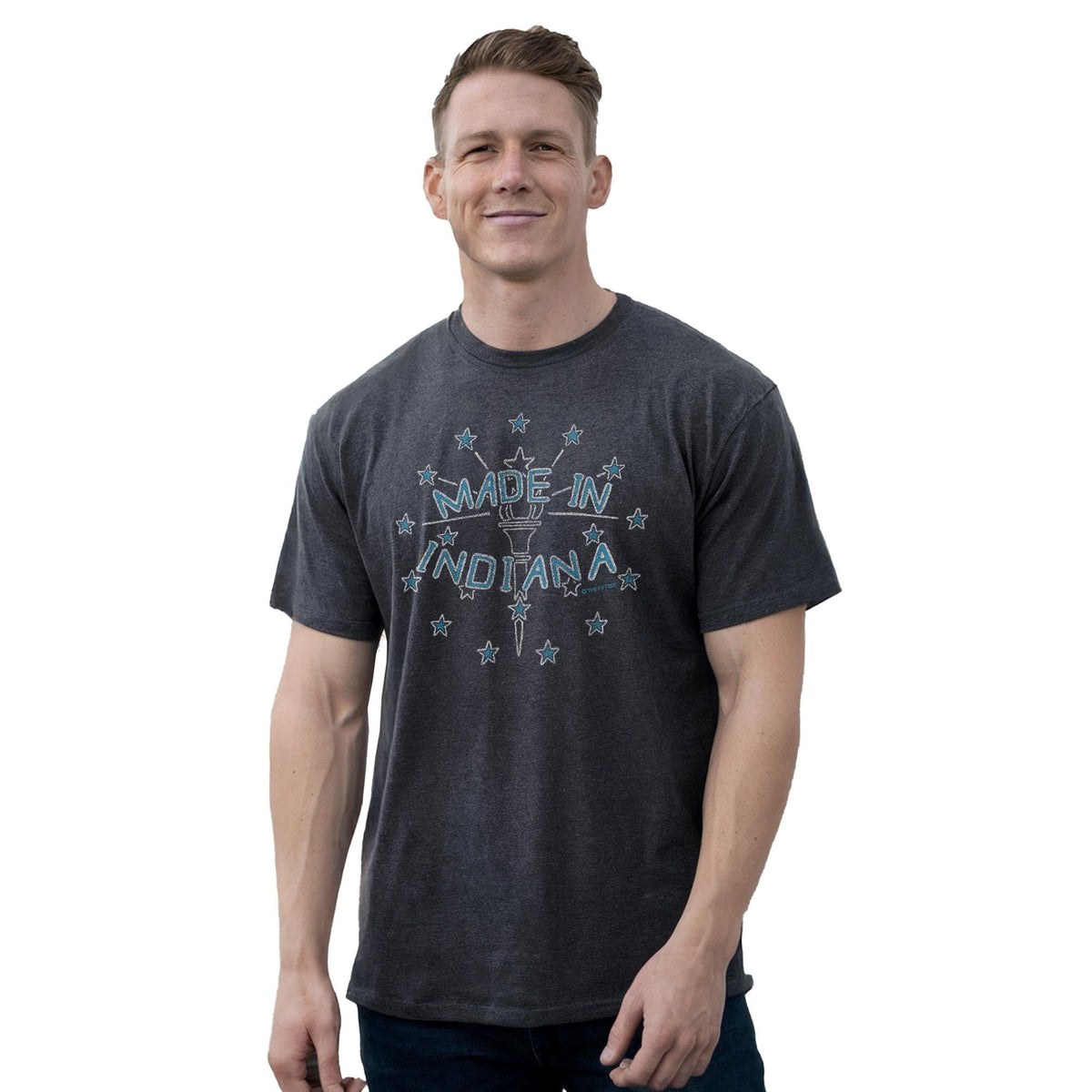 Made In Indiana Funny Staple T-shirt in Charcoal Heather On Model - Front View