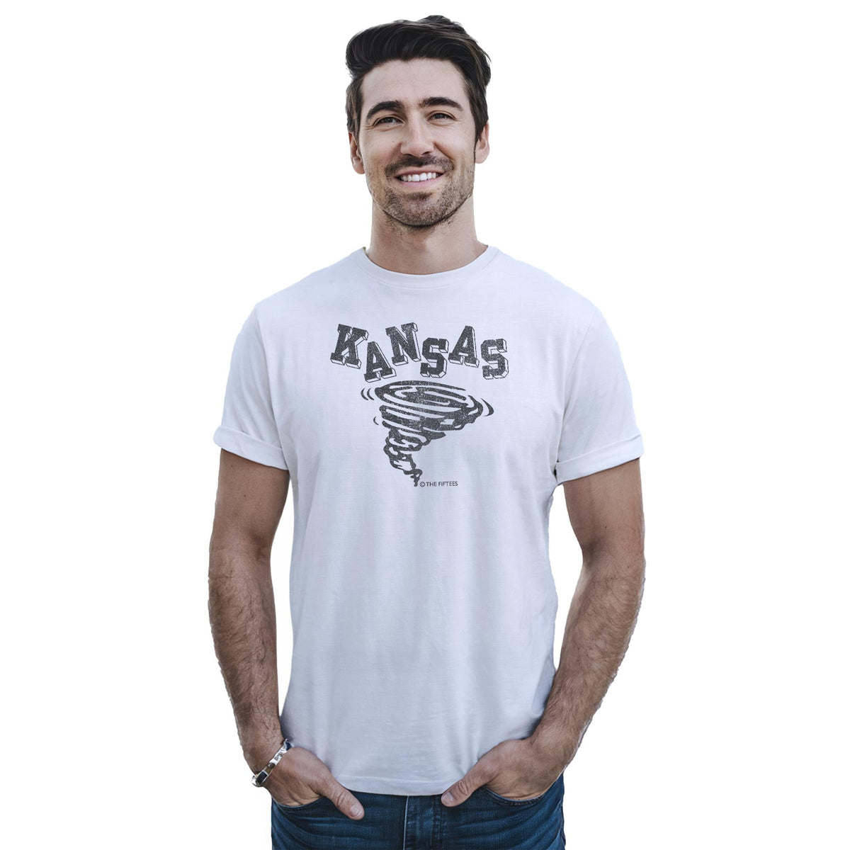 Kansas Tornado Cool Staple T-shirt in White On Model - Front View