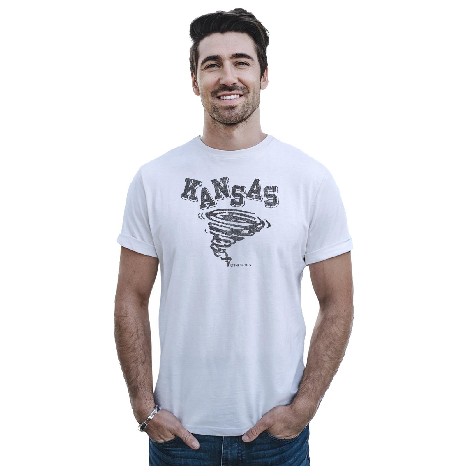 Kansas Tornado Cool Staple T-shirt in White On Model - Front View