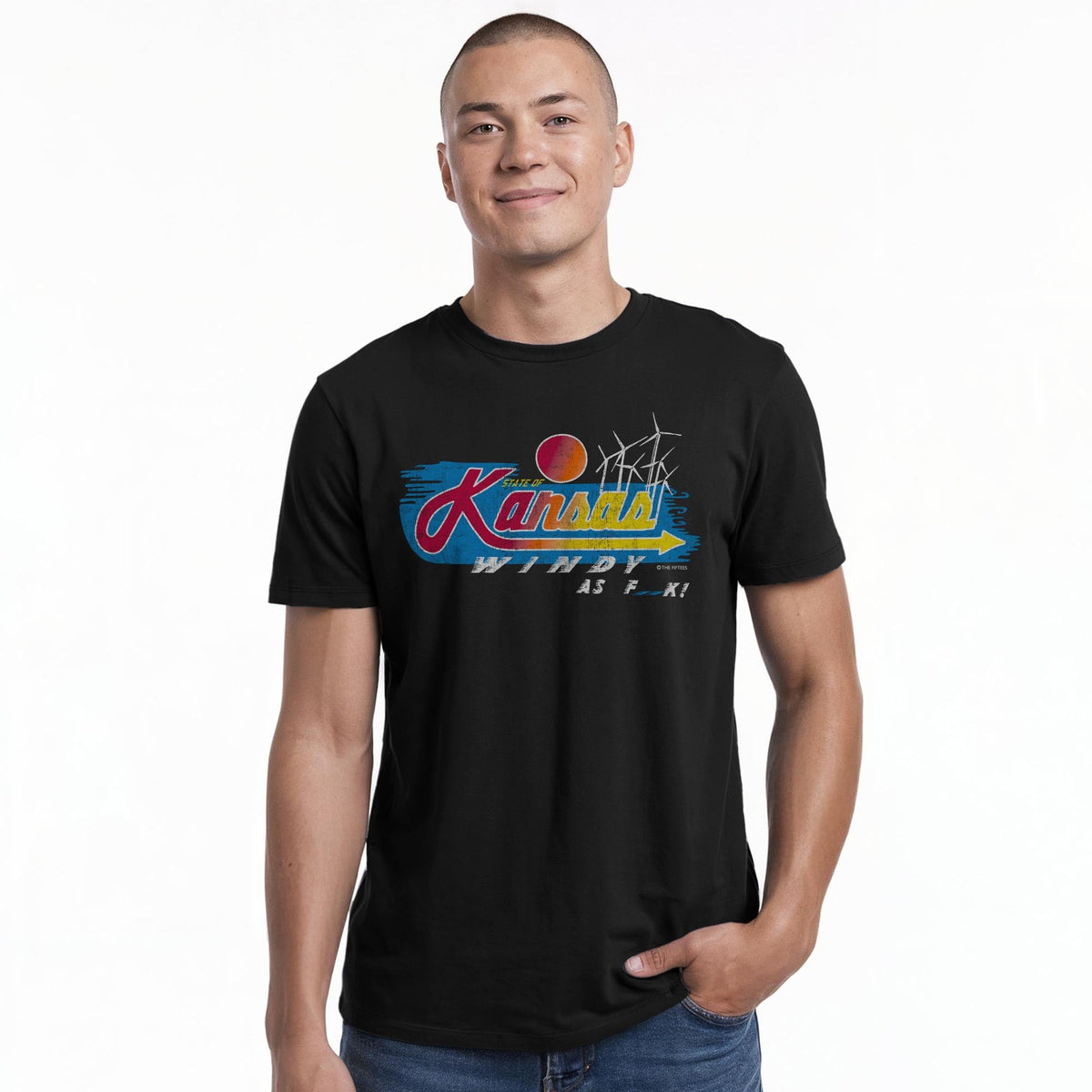 Windy Af Funny Staple T-shirt in Black On Model - Front View