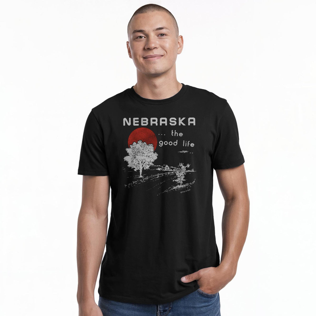 Nebraska Good Life Cool Staple T-shirt in Black On Model - Front View