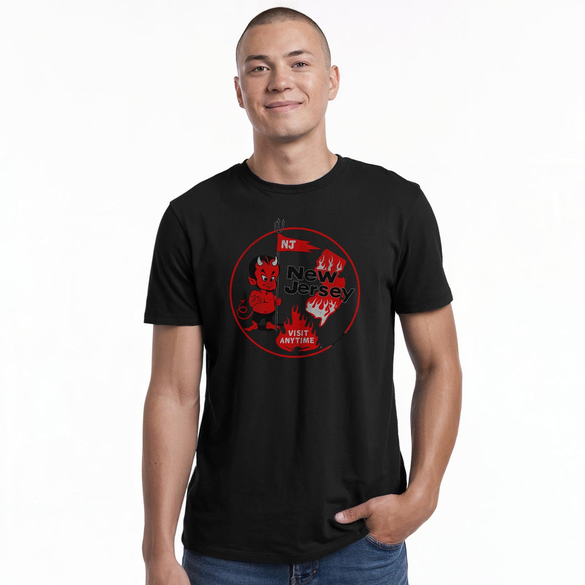 Visit New Jersey Funny Staple T-shirt in Black On Model - Front View