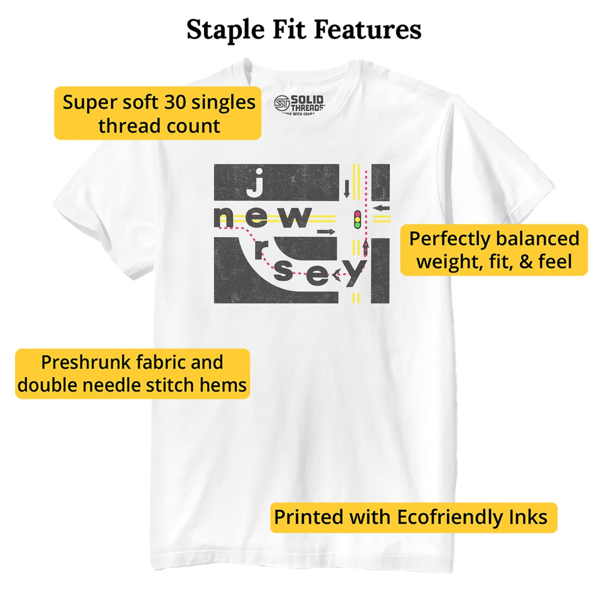 Jersey Jughandle Funny Staple T-shirt in White - Fit Attributes