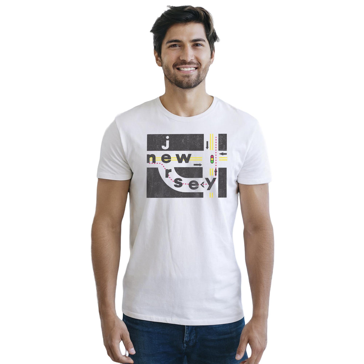Jersey Jughandle Funny Staple T-shirt in White On Model - Front View