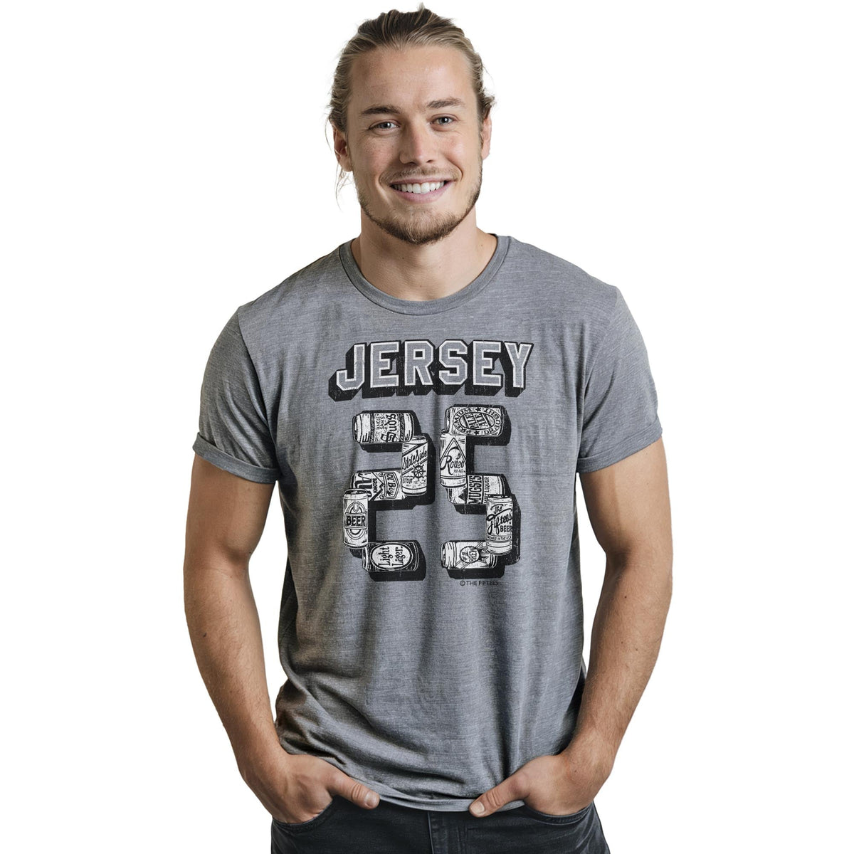 Nj Beer Cans Funny Staple T-shirt in Ash Heather On Model - Front View