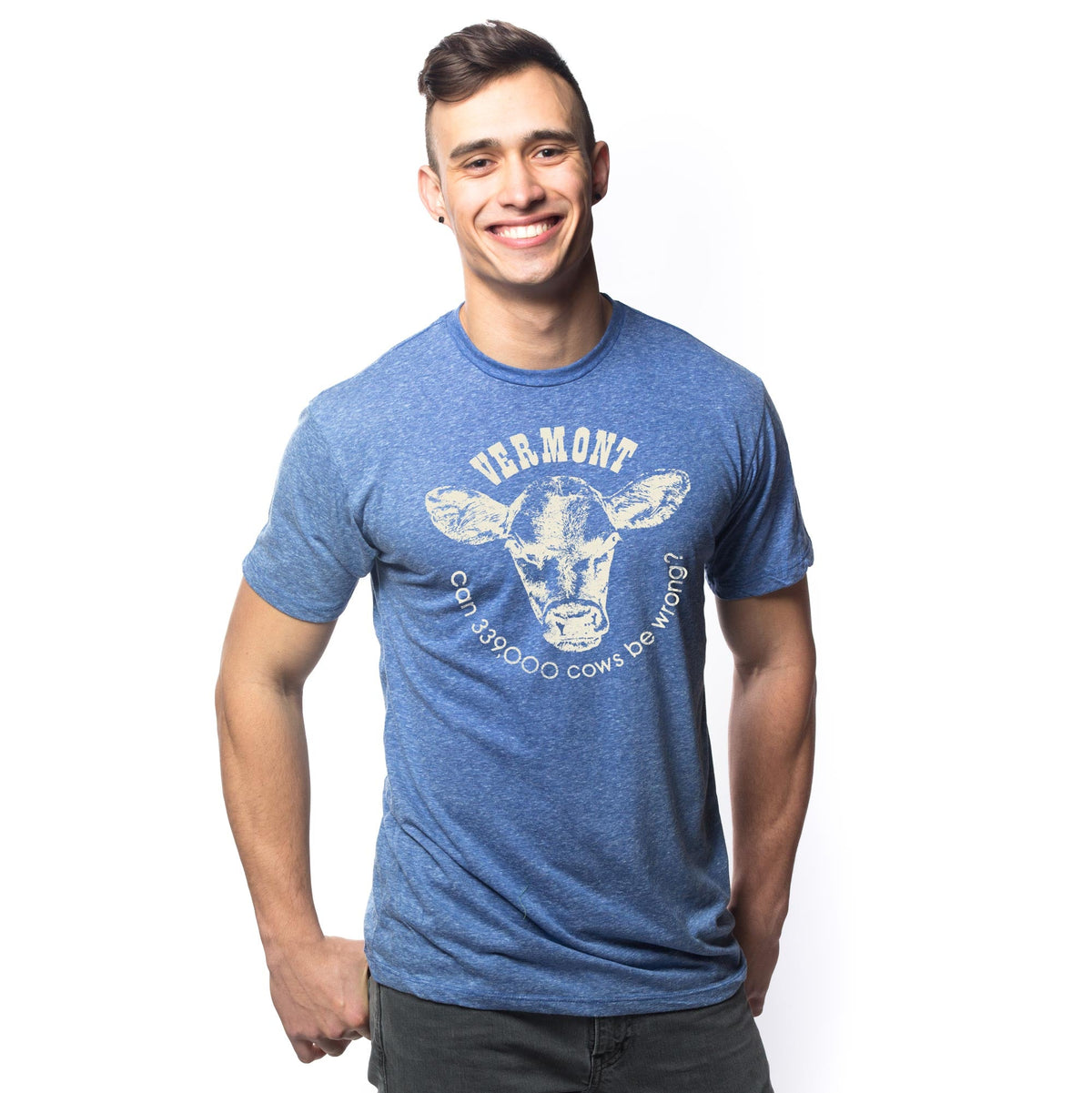 Men's Vermont Cows Funny Graphic T-Shirt | Vintage Vt Farm  Tee on Model | Solid Threads