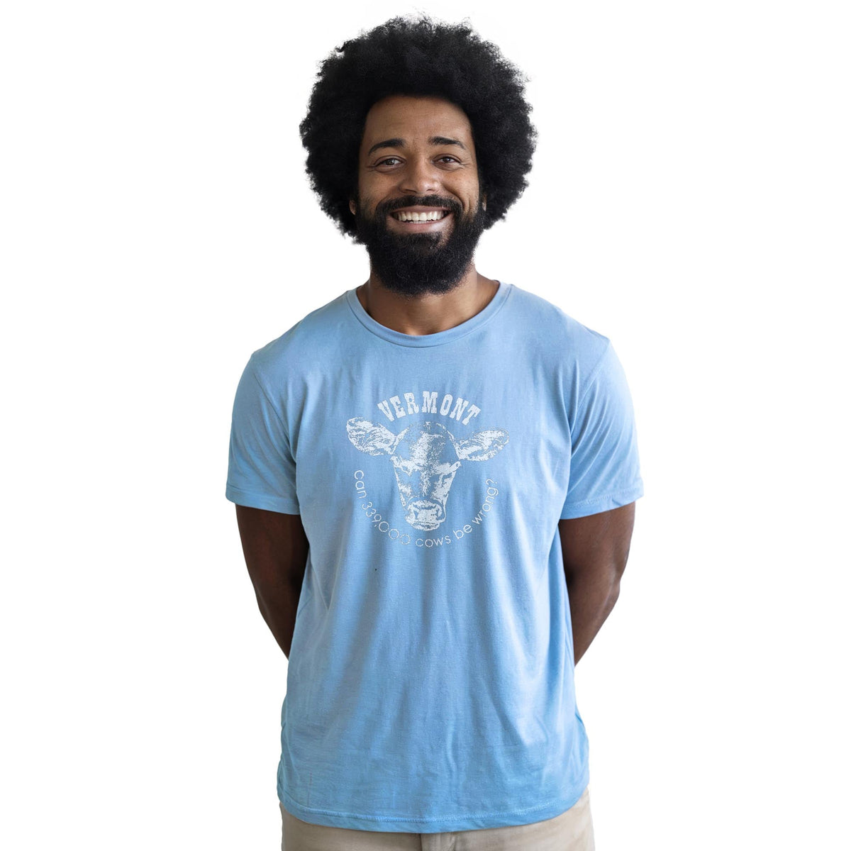 Vermont Cows Funny Staple T-shirt in Light Blue Heather On Model - Front View