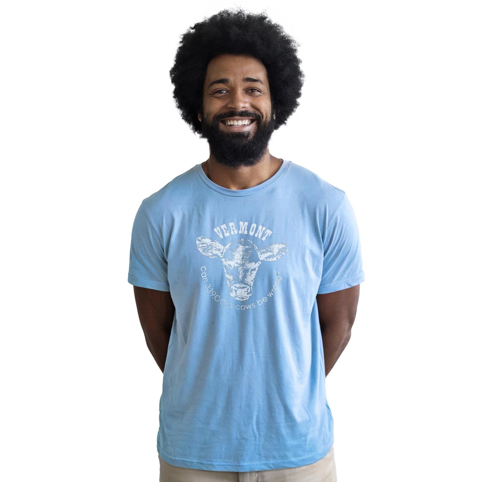 Vermont Cows Funny Staple T-shirt in Light Blue Heather On Model - Front View