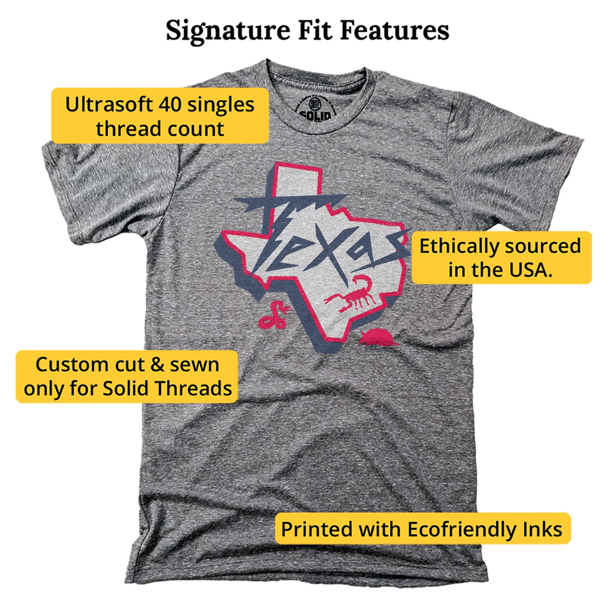 Texas Critters Funny Signature T-shirt in Triblend Grey - Fit Attributes