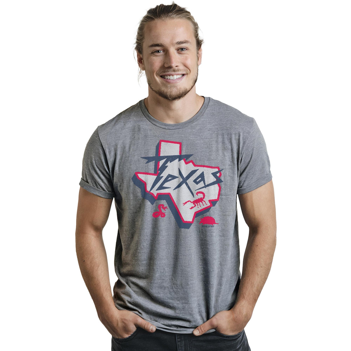 Texas Critters Funny Staple T-shirt in Ash Heather On Model - Front View