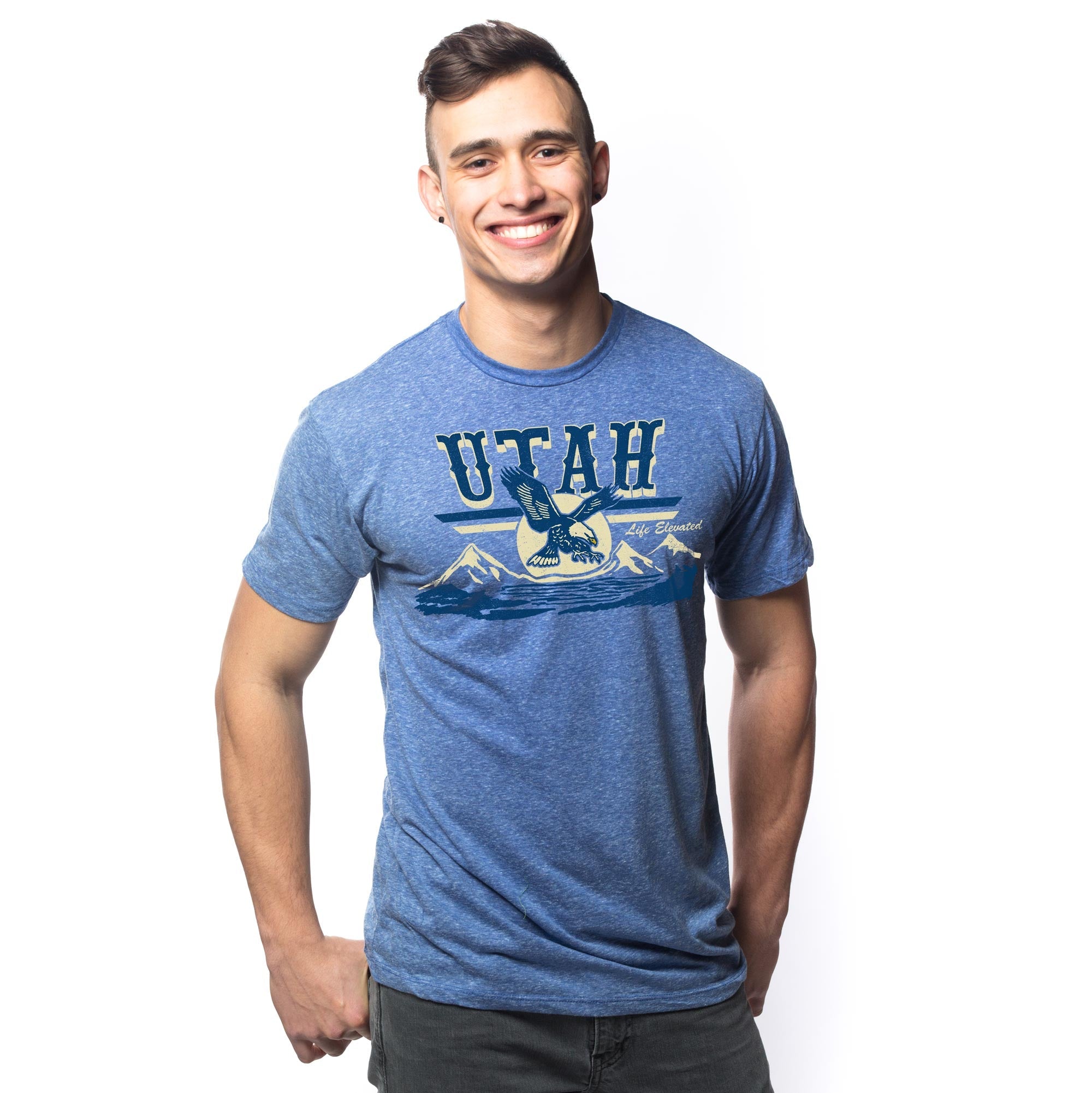 Men's Life Elevated Cool Graphic T-Shirt | Vintage Utah Eagle  Tee on Model | Solid Threads