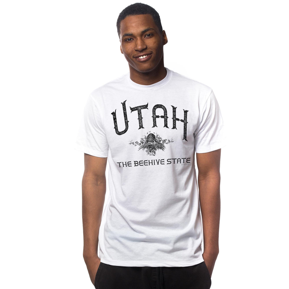 Men's The Honeybee State Cool Graphic T-Shirt | Vintage Utah Bees  Tee on Model | Solid Threads
