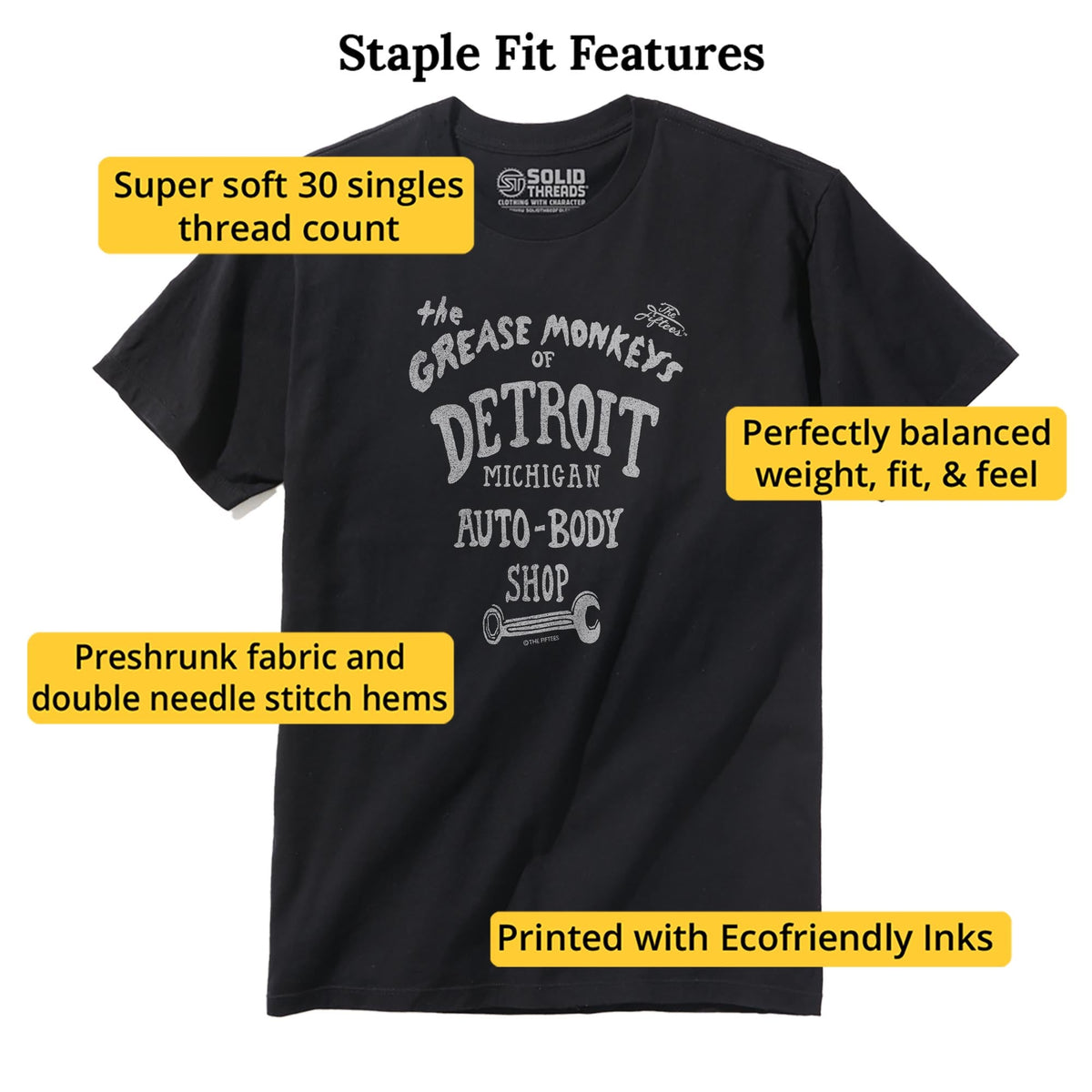 Grease Monkey Funny Staple T-shirt in Black - Fit Attributes