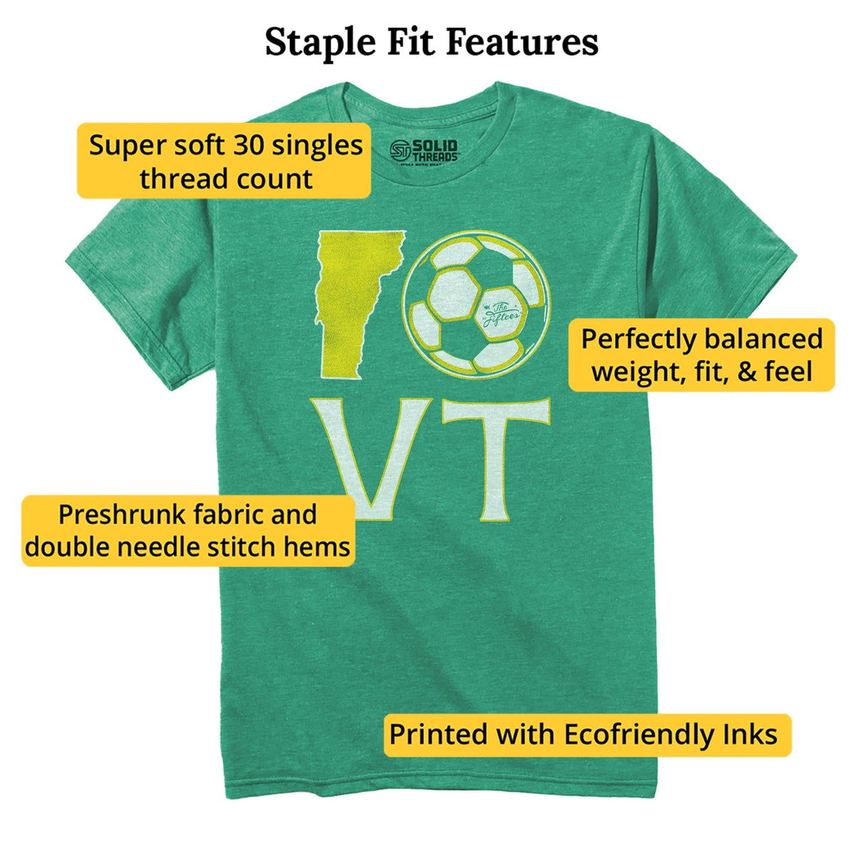 Vermont Soccer Cool Staple T-shirt in Kelly Heather - Fit Attributes