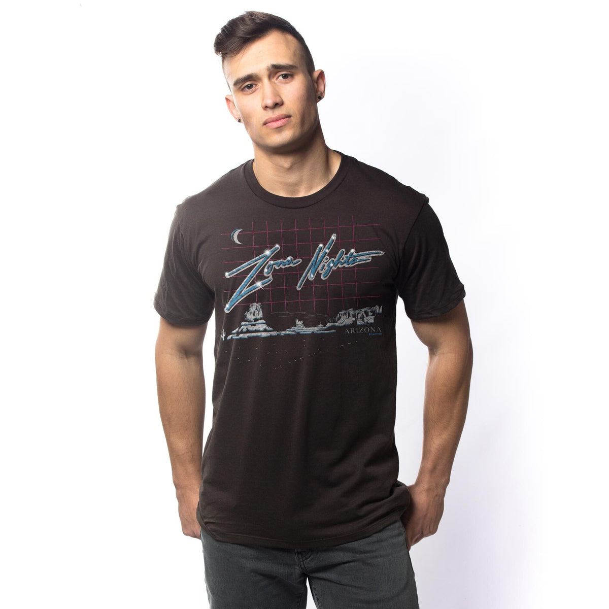 Men's Zona-Nights Cool Graphic T-Shirt | Vintage AZ Desert  Tee on Model | Solid Threads