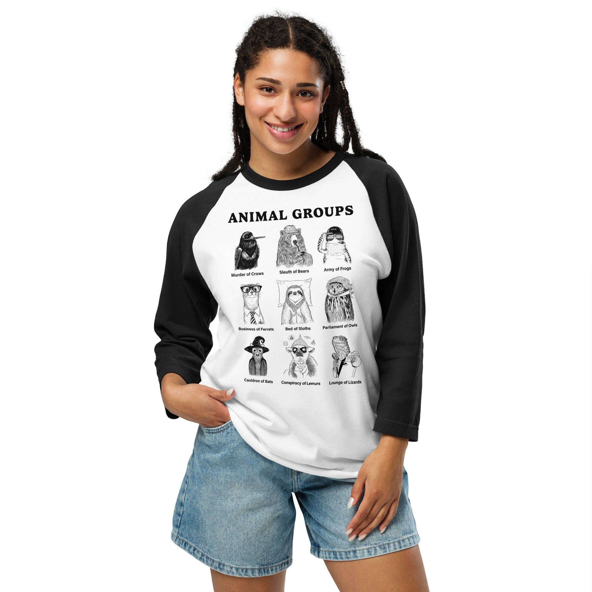 Unisex Animal Groups Funny Graphic Long Sleeve T Shirt on Model | Cool Pun Names  Tee | Solid Threads