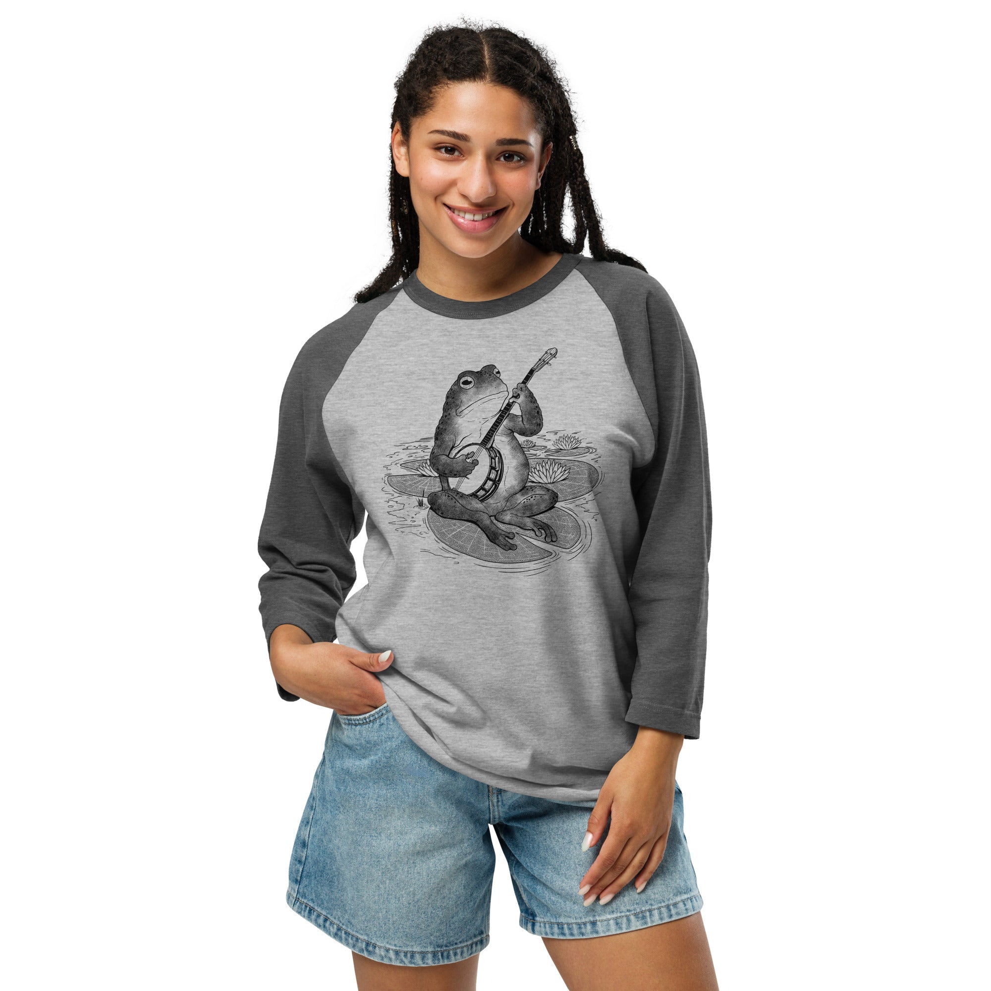 Unisex Country Frog Designer Graphic Long Sleeve Long Sleeve T Shirt | Cool Banjo Lilypad Tee | Solid Threads