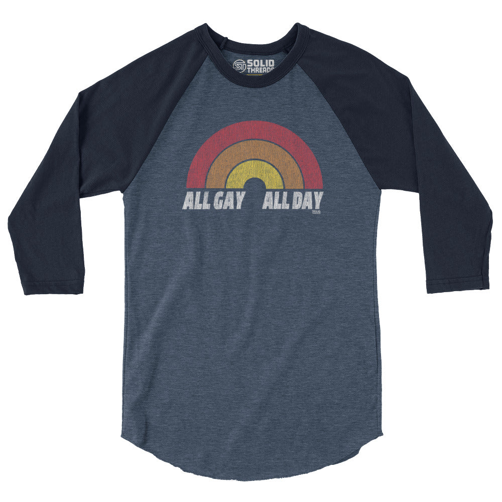 Men&#39;s All Gay All Day Vintage Long Sleeve T Shirt | Retro Pride Graphic Tee | Solid Threads