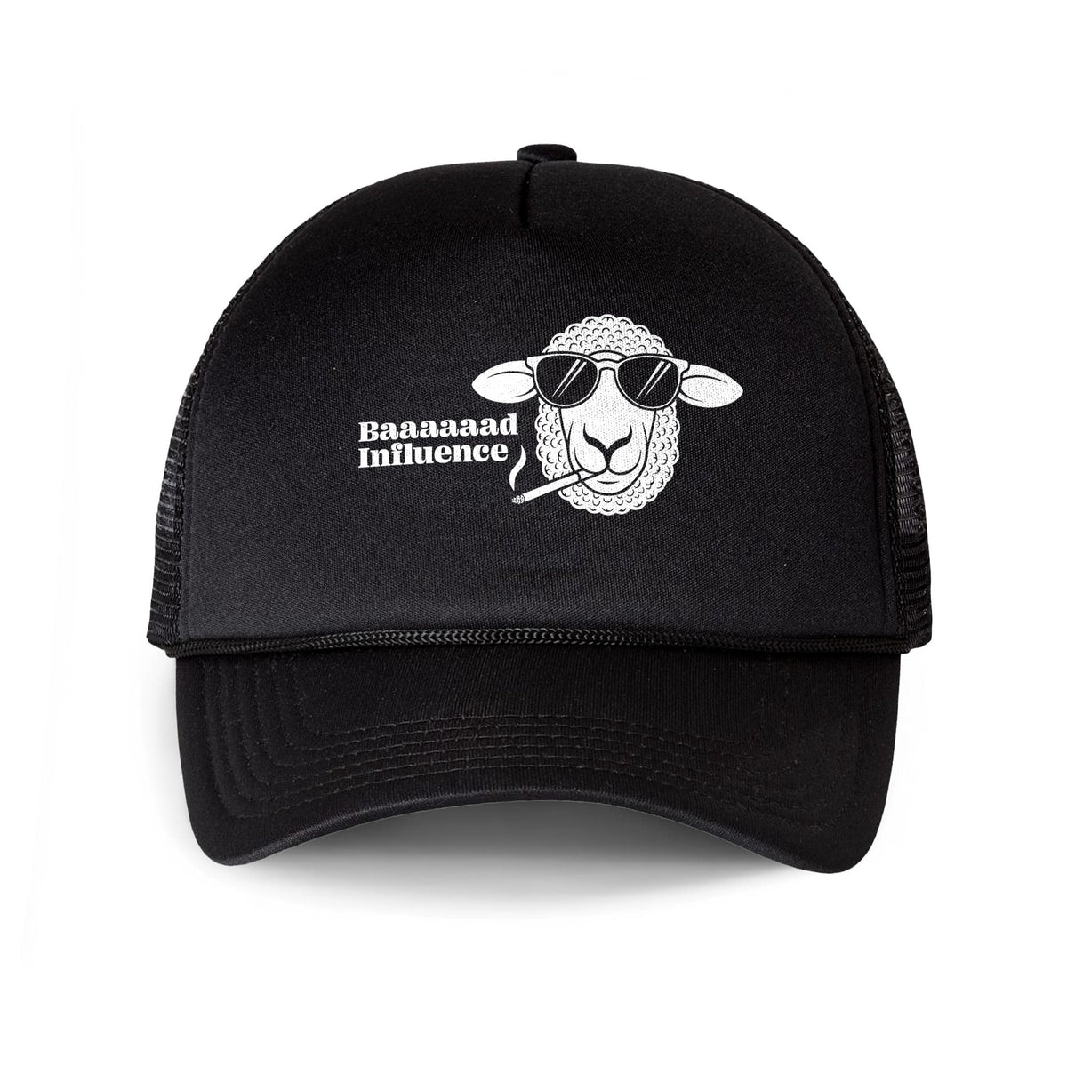 Baaaad Influence Funny Trucker Hat | Cool Sheep Smoking Sunglasses Graphic Cap Front | Solid Threads