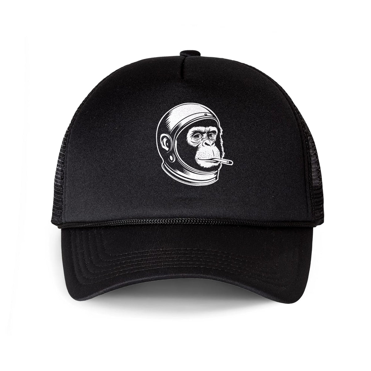 Cold War Vet Cool Trucker Hat | Funny Astronaut Chimp Smoking Graphic Cap Front | Solid Threads