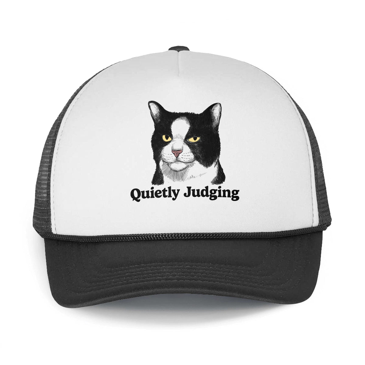 Quietly Judging Funny Trucker Hat | Cool Cat Graphic Cap Front | Solid Threads