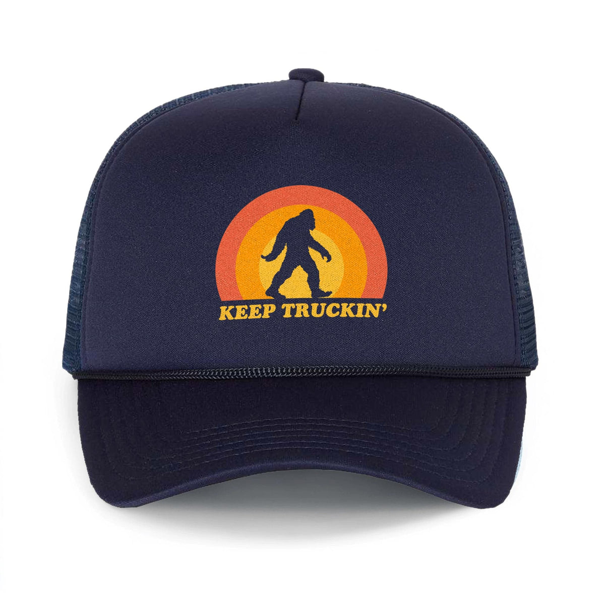 Keep Truckin&#39; Cool Trucker Hat | Vintage Bigfoot Sasquatch Slogan Graphic Cap Front | Solid Threads