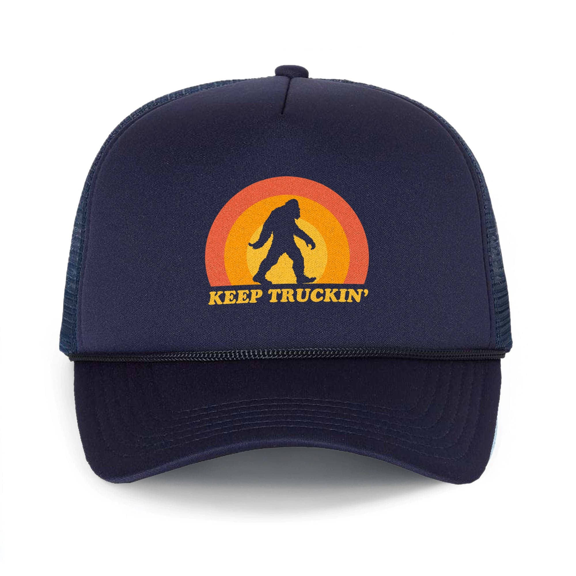 Keep Truckin' Cool Trucker Hat | Vintage Bigfoot Sasquatch Slogan Graphic Cap Front | Solid Threads