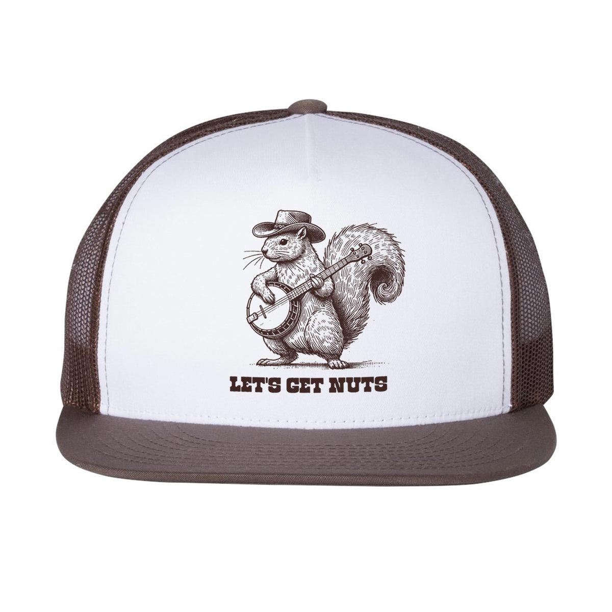 Lets Get Nuts Funny Premium High Profile Trucker Hat | Cool Squirrel Cowboy Banjo Cap Front | Solid Threads