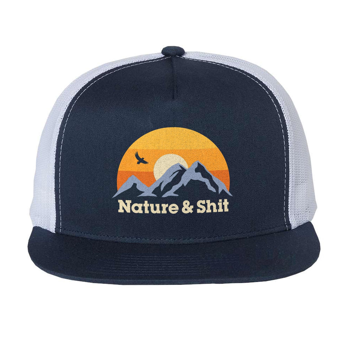 Nature &amp; Sh--T HIgh Profile Trucker-Hat | Funny Mountain Sunset Ironic Graphic Cap Front | Solid Threads