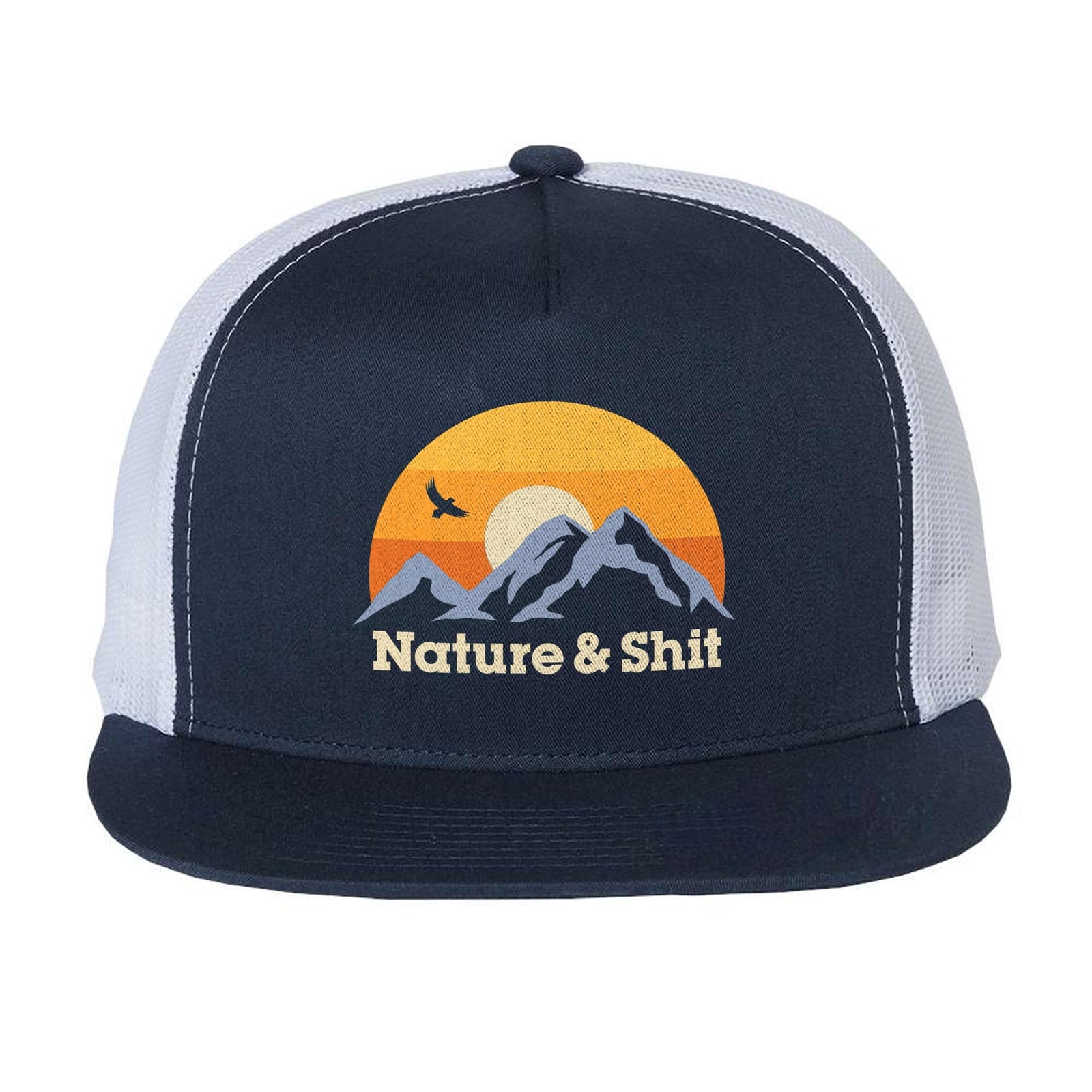 Nature & Sh--T HIgh Profile Trucker-Hat | Funny Mountain Sunset Ironic Graphic Cap Front | Solid Threads