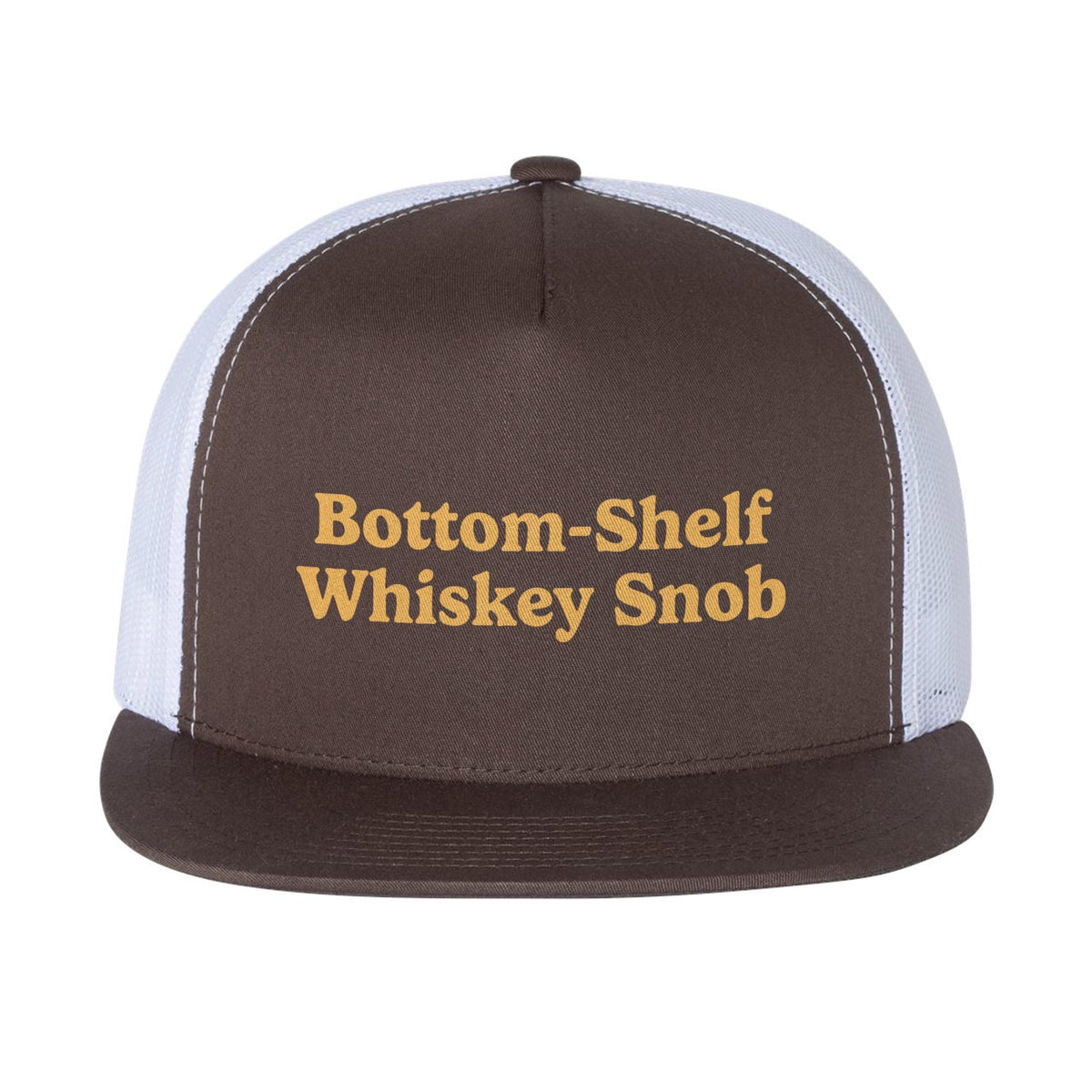 Bottom Shelf Whiskey Snob Funny Premium High Profile Trucker Hat | Vintage Bourbon Ironic Cap Front | Solid Threads