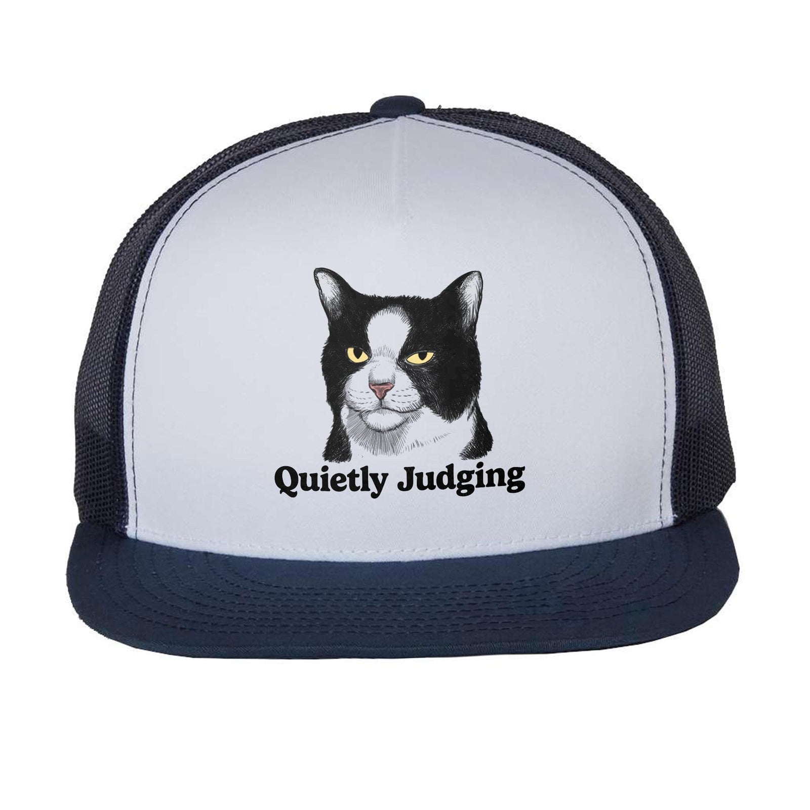 Quietly Judging Funny Trucker Hat | Cool Cat Graphic Cap Front | Solid Threads