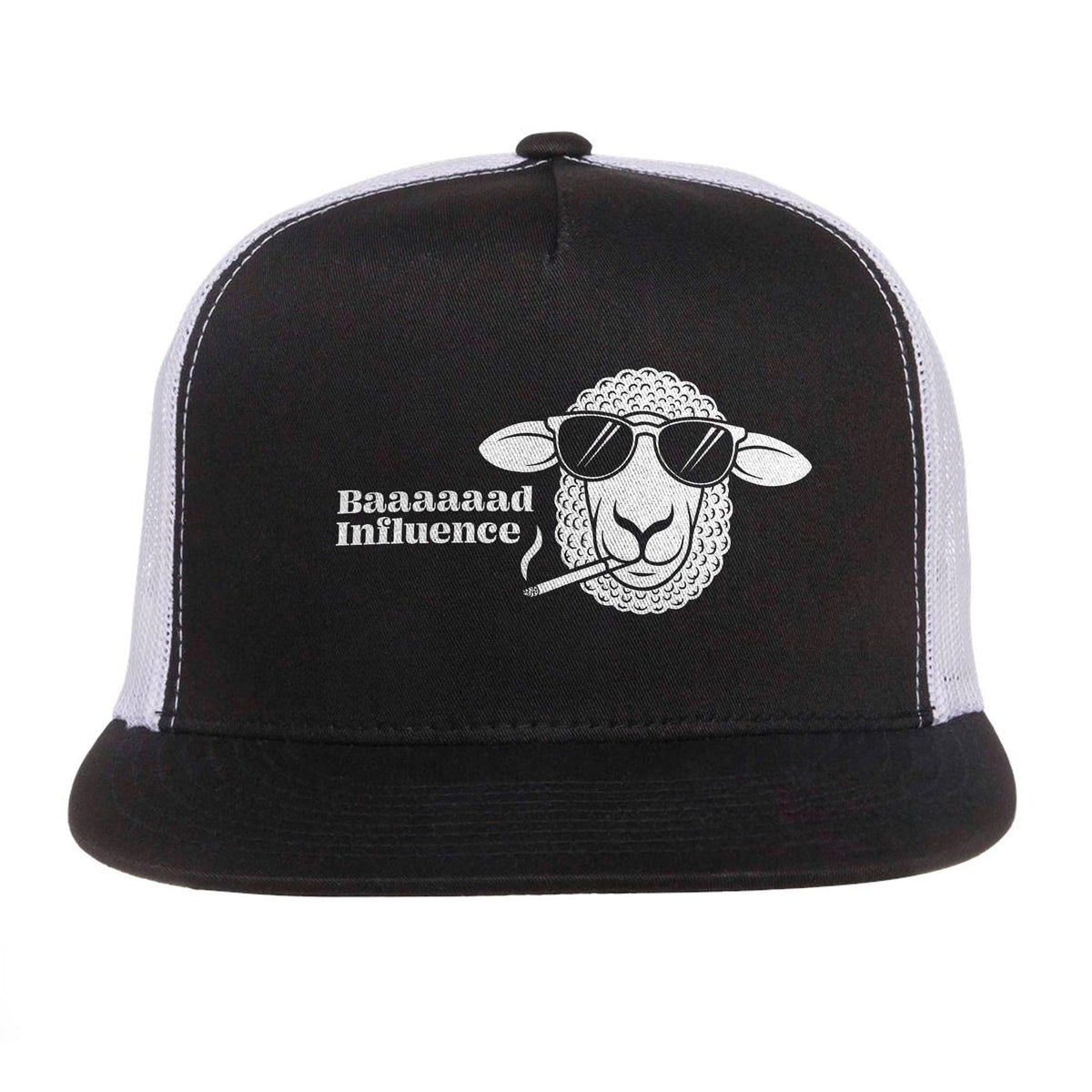 Baaaad Influence Funny Premium High Profile Trucker Hat | Cool Sheep Smoking Sunglasses Cap Front | Solid Threads