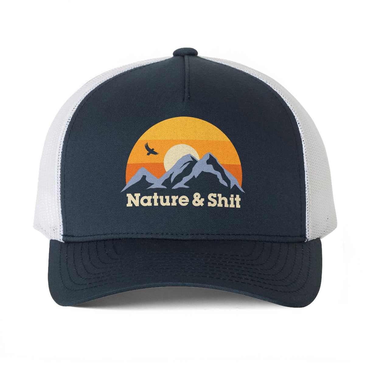 Nature &amp; Sh--T Premium Trucker-Hat | Funny Mountain Sunset Ironic Graphic Cap Front | Solid Threads