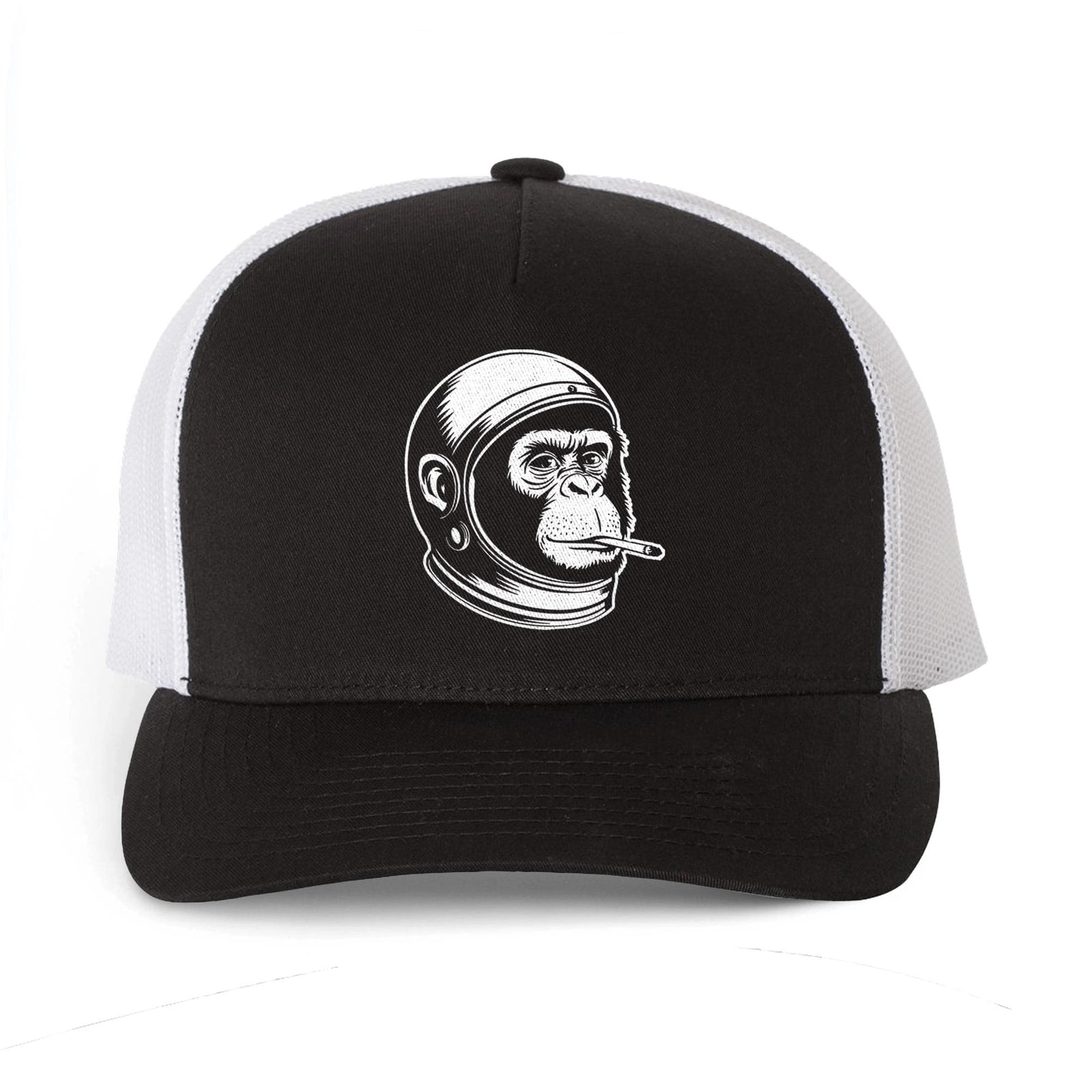 Cold War Vet Cool Premium Trucker Hat | Funny Astronaut Chimp Smoking Cap Front | Solid Threads