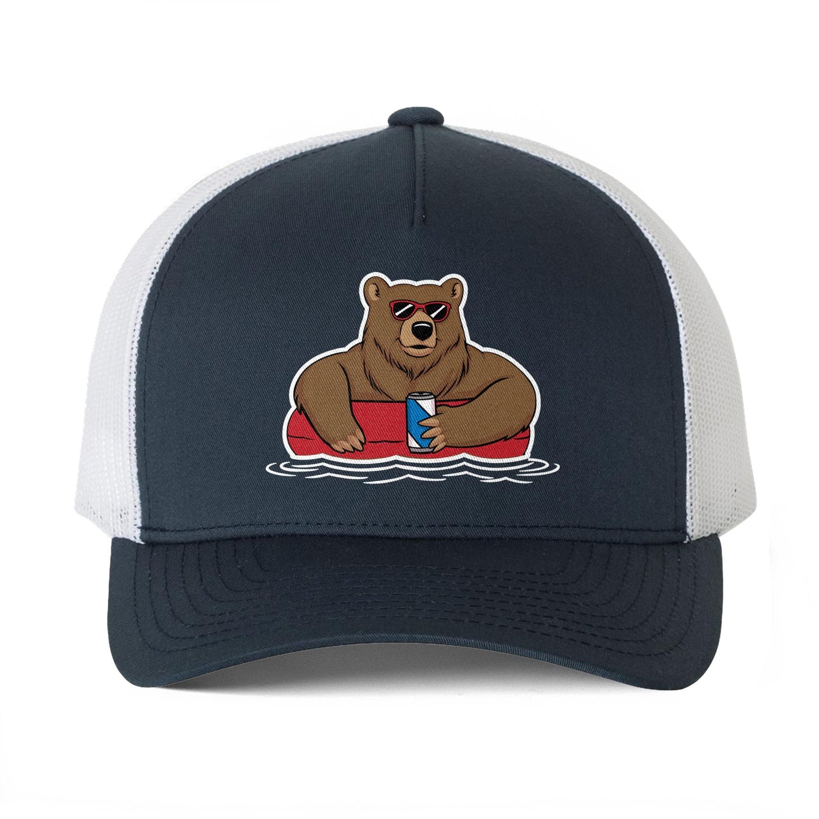 Lazy River Bear Funny Premium Trucker Hat | Cool Summer Beer Party Cap Front | Solid Threads