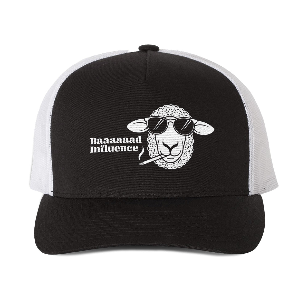 Baaaad Influence Funny Premium Trucker Hat | Cool Sheep Smoking Sunglasses Cap Front | Solid Threads