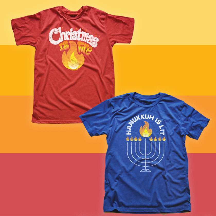 Christmas is Fire T-shirt | Hanukkah is Lit Graphic Tee | Funny Tees to Heat Up Your Holidays